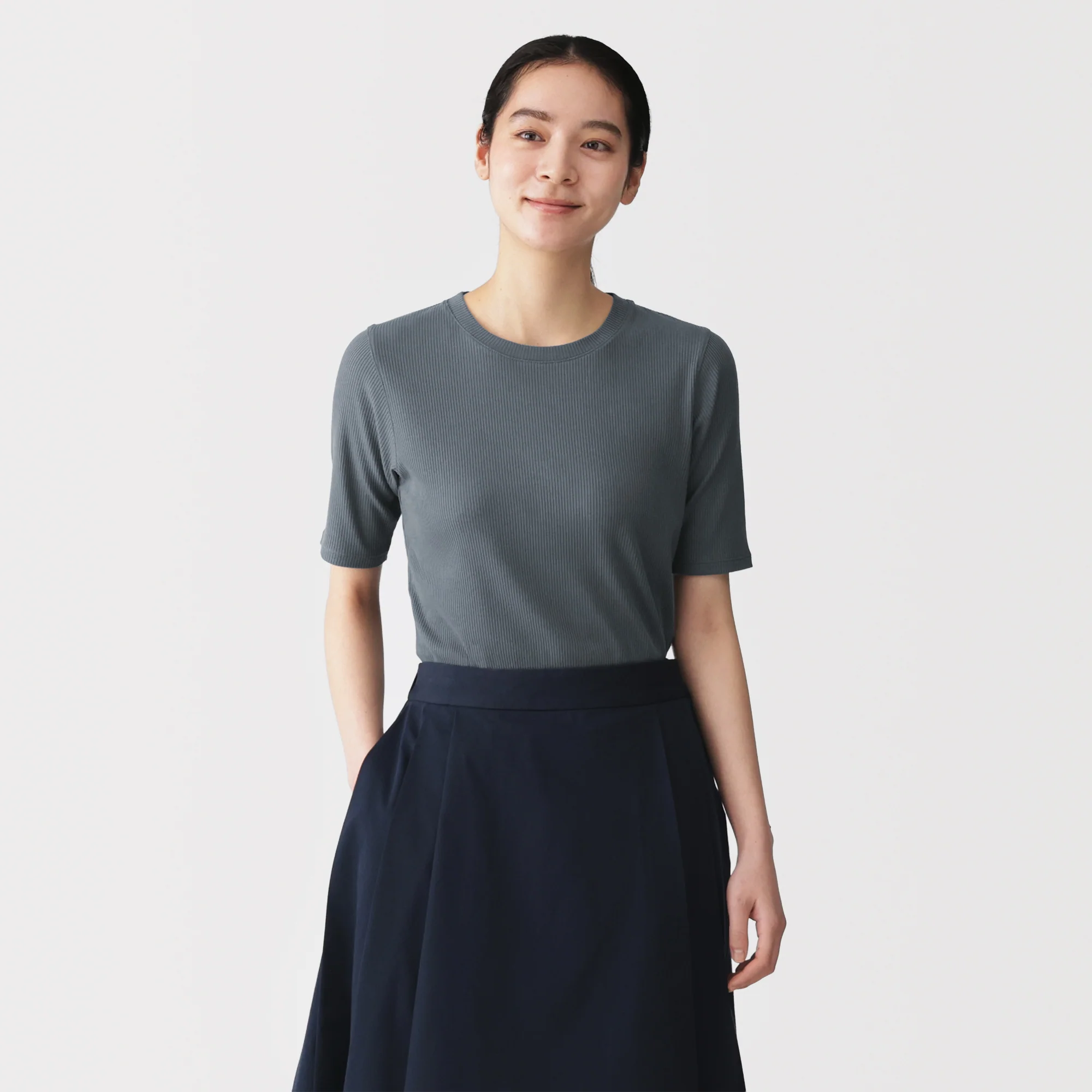 Lyocell Blend Rib Half Sleeve T-Shirt