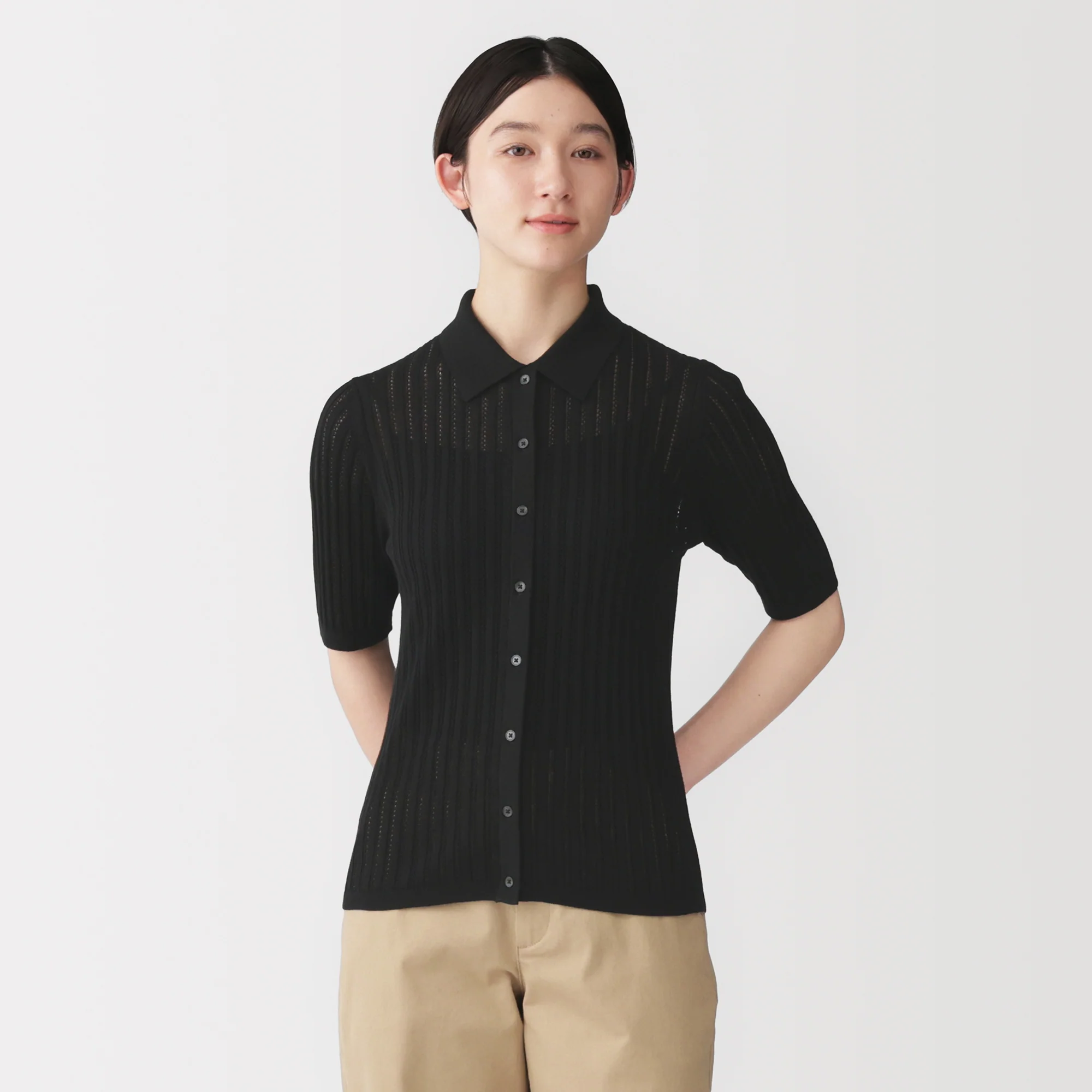 Lyocell Openwork Polo Cardigan - Image 11