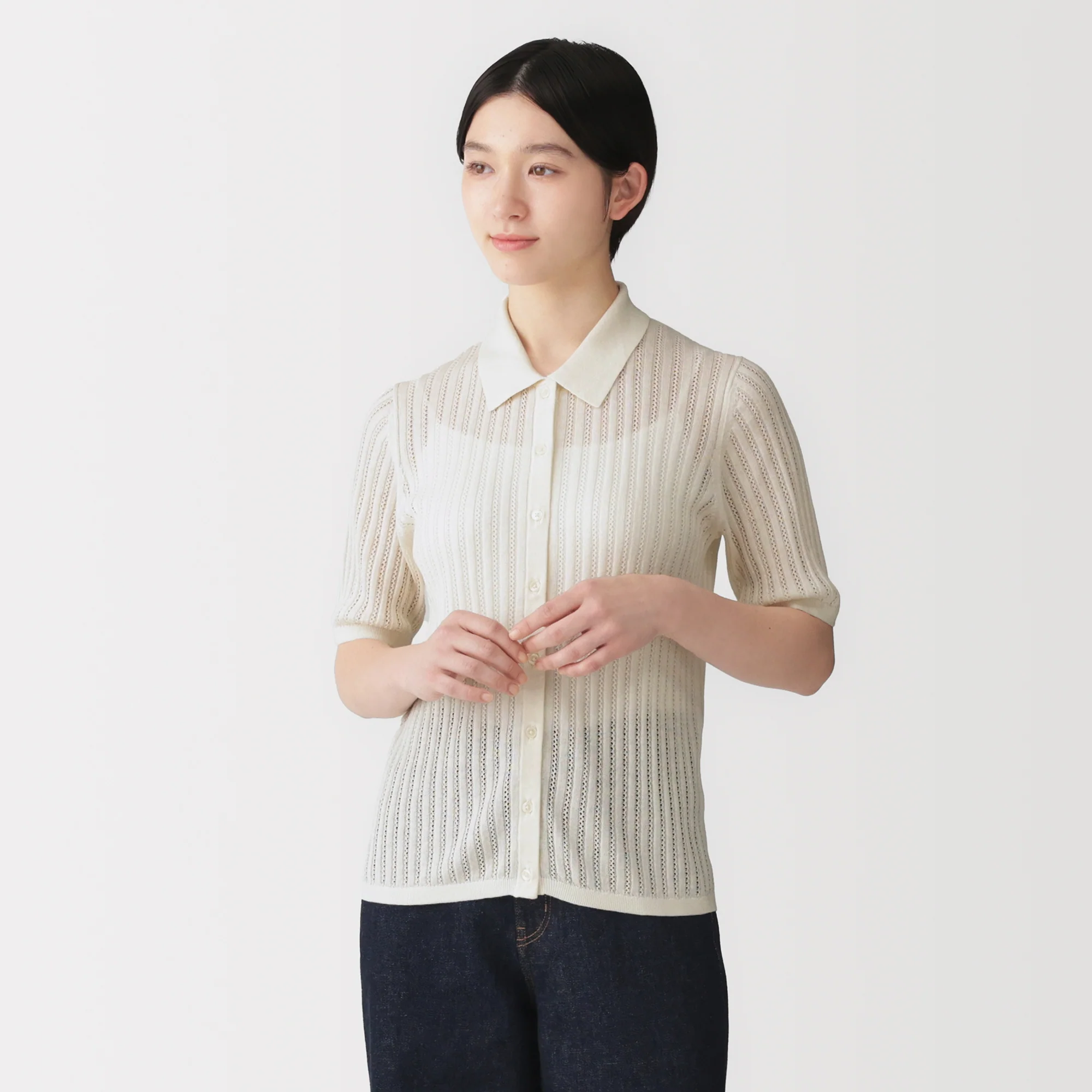Lyocell Openwork Polo Cardigan - Image 19