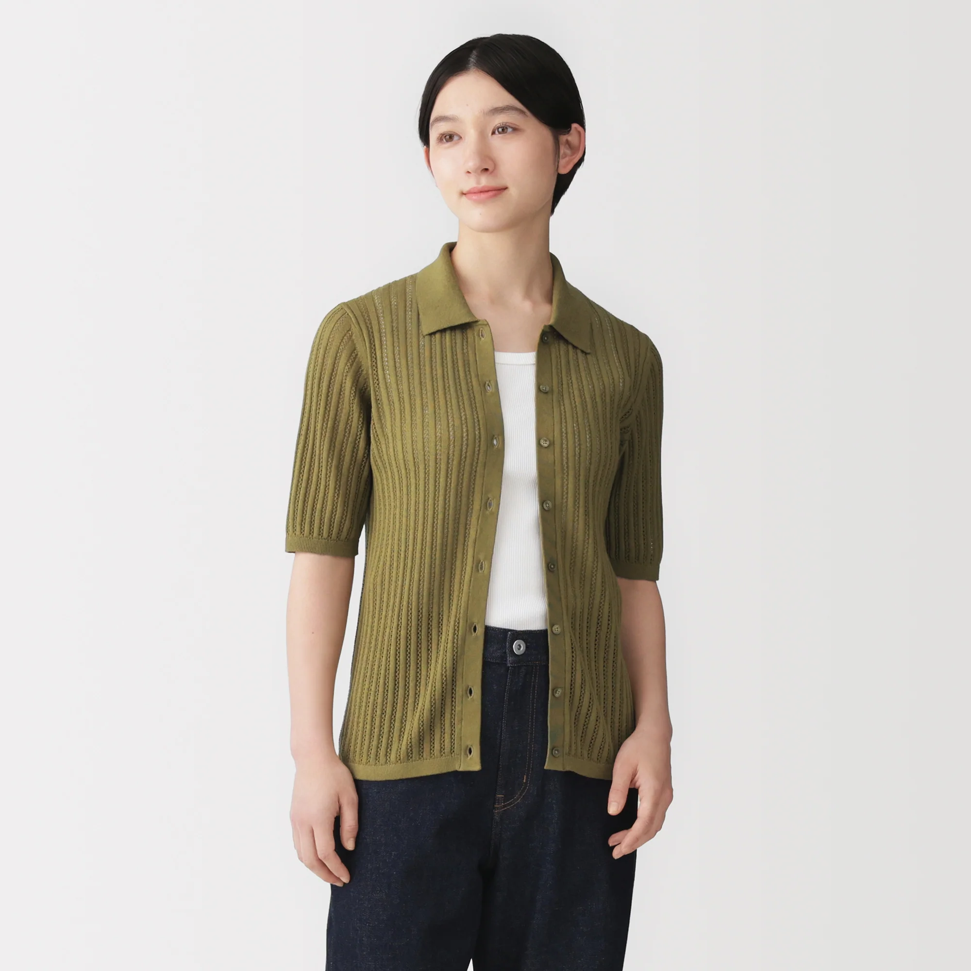 Lyocell Openwork Polo Cardigan - Image 27