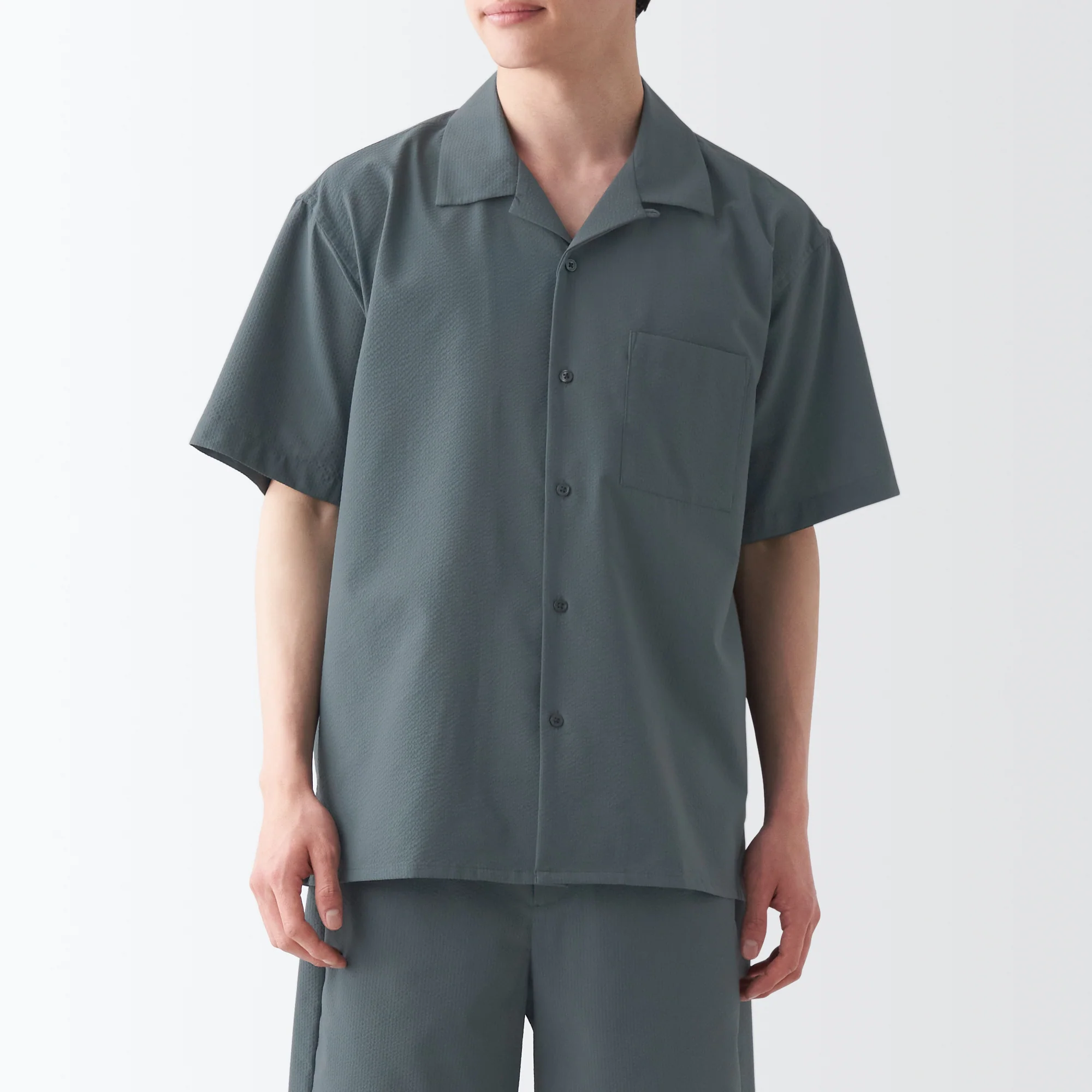 Men's Seersucker Open Collar Short Sleeve Shirt
