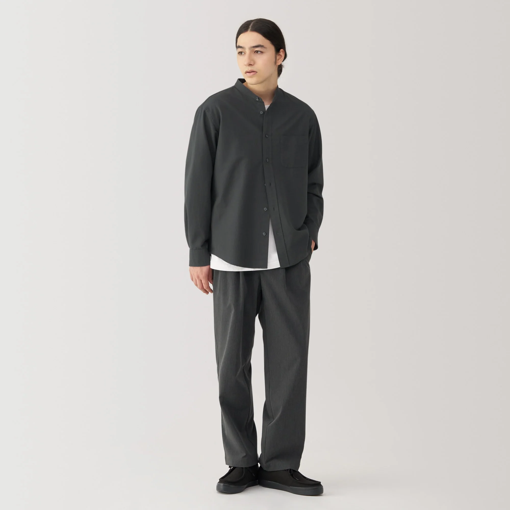Men's Washed Oxford Stand Collar Long Sleeve Shirt - Image 12