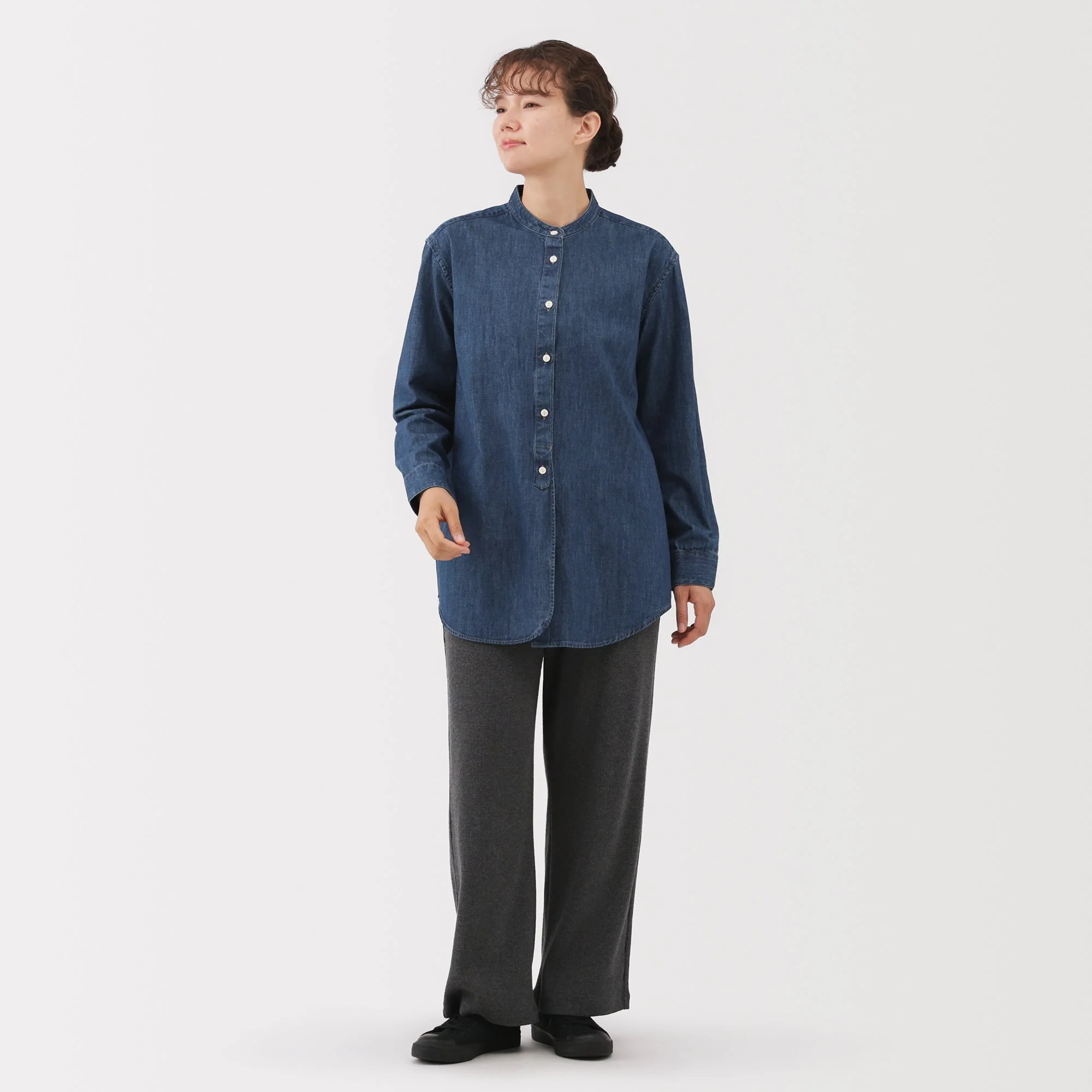 Denim Stand Collar Long Shirt - Image 4