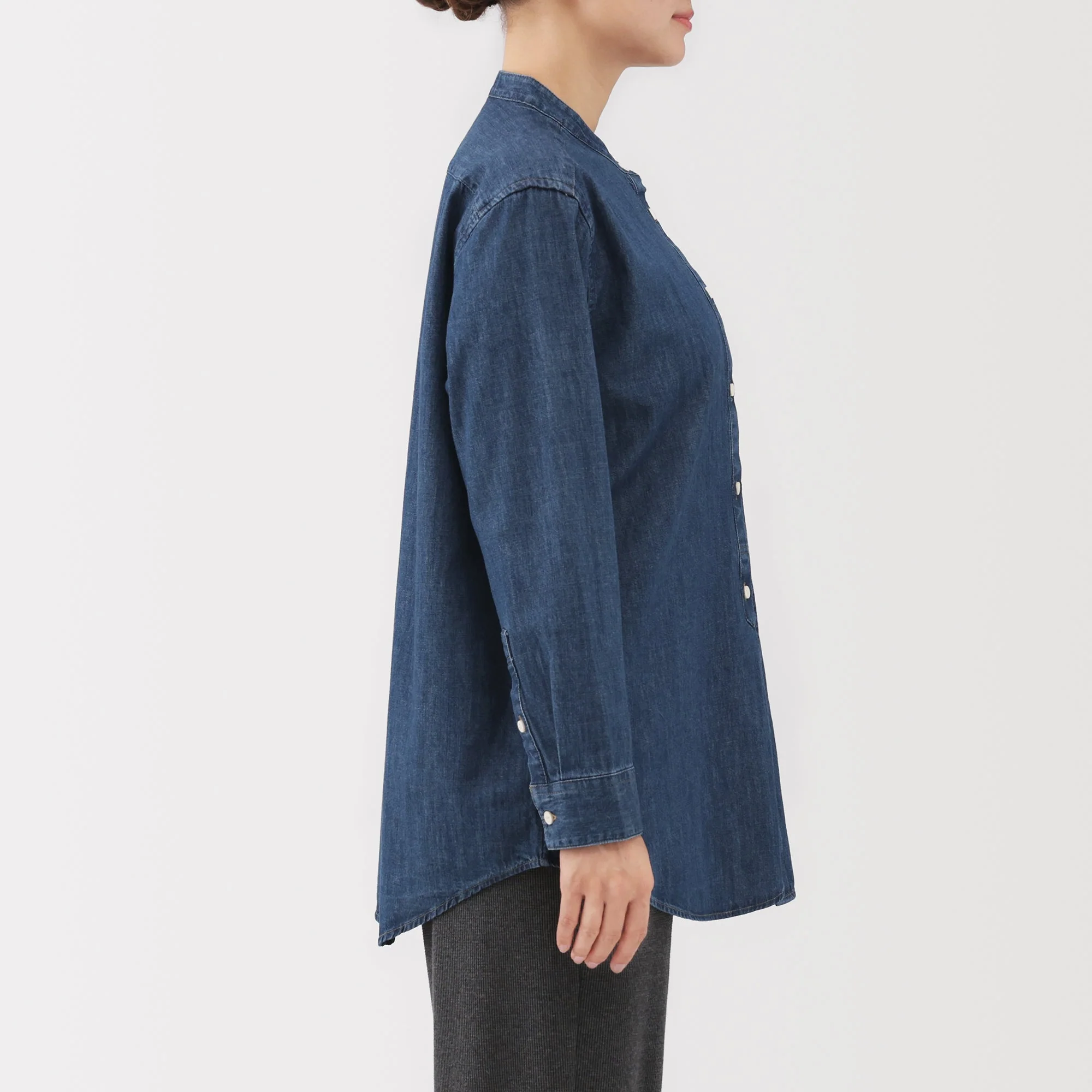 Denim Stand Collar Long Shirt - Image 5