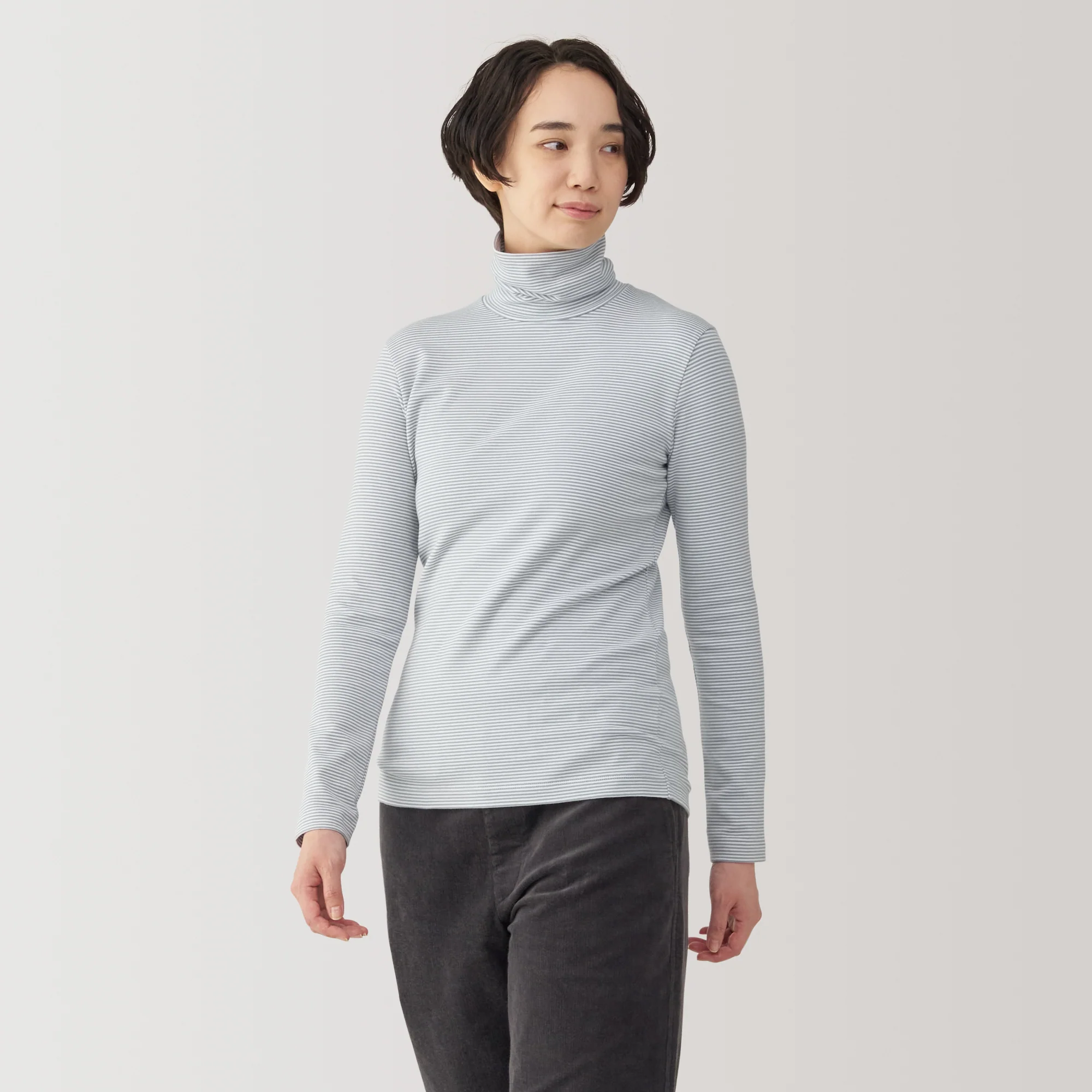 Women's Brushed Ribbed Turtleneck Long Sleeve Striped T-Shirt - Image 12
