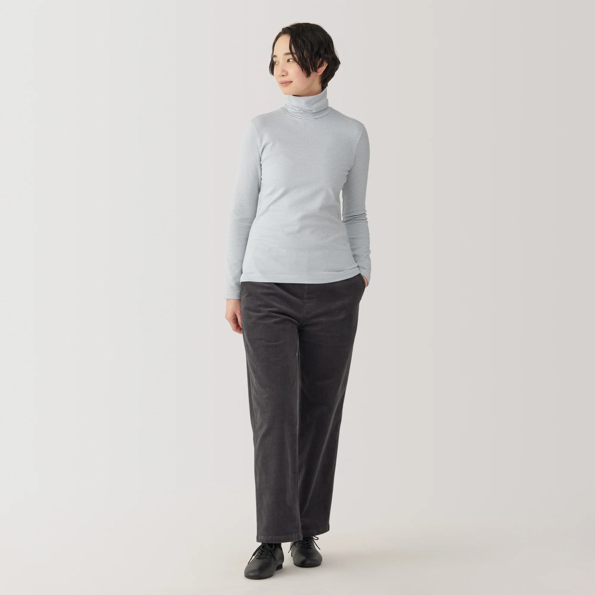 Women's Brushed Ribbed Turtleneck Long Sleeve Striped T-Shirt - Image 13