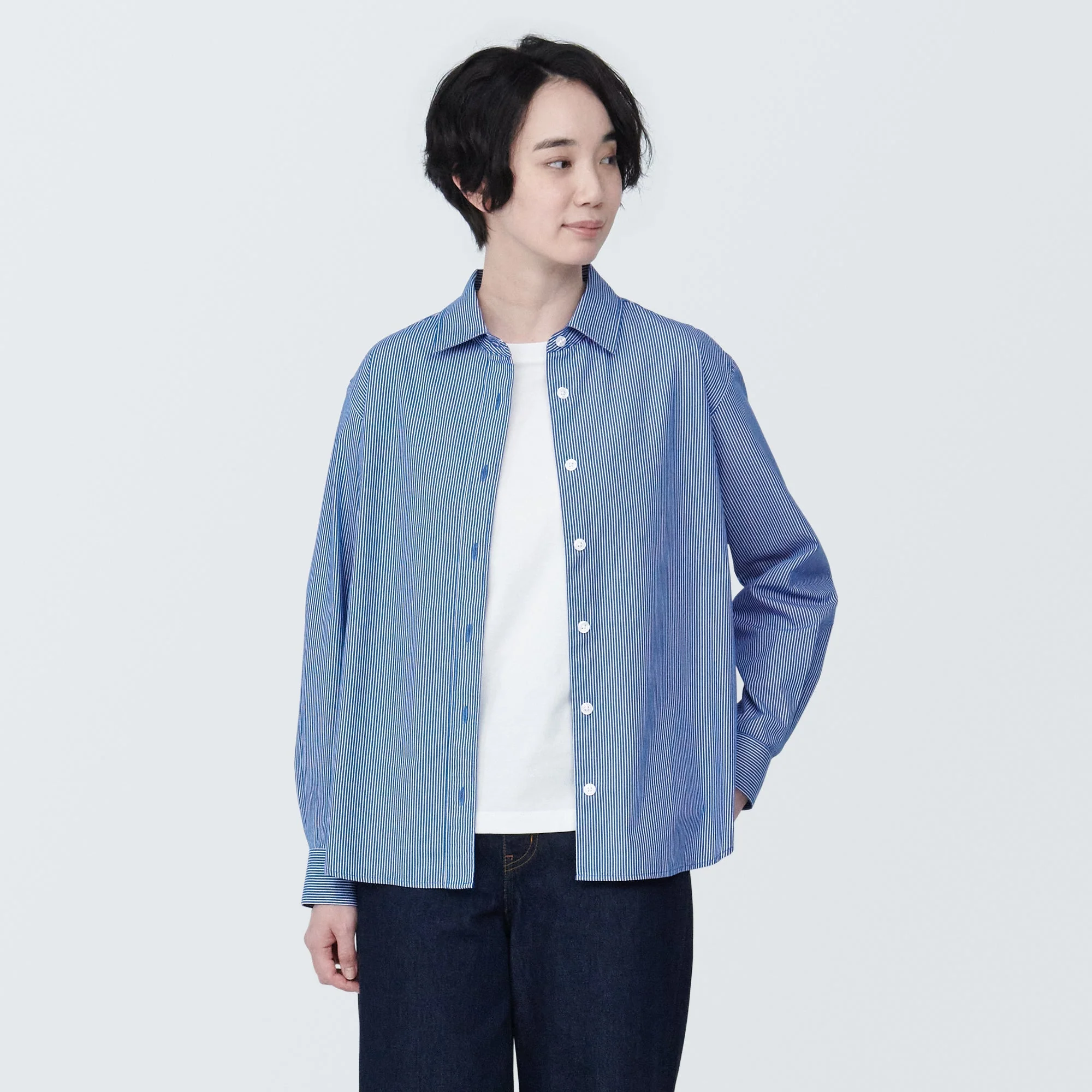 Women's Washed Broad Regular Collar Long Sleeve Striped Shirt - Image 3